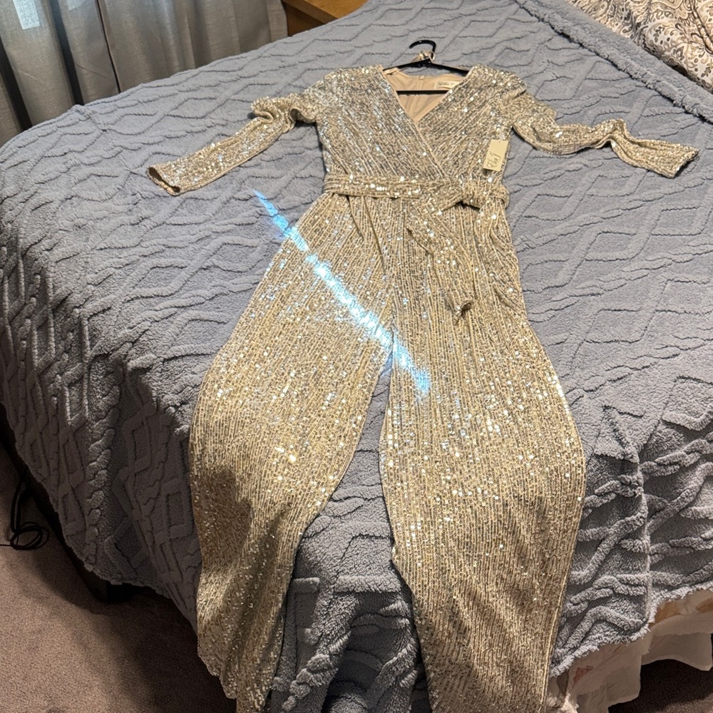 Eliza J Shimmering Silver Sequin Pantsuit